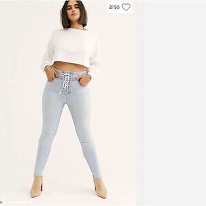 Free People CRVY High Rise Lace Up Skinny Jeans Size 26 Light Blue OB839226